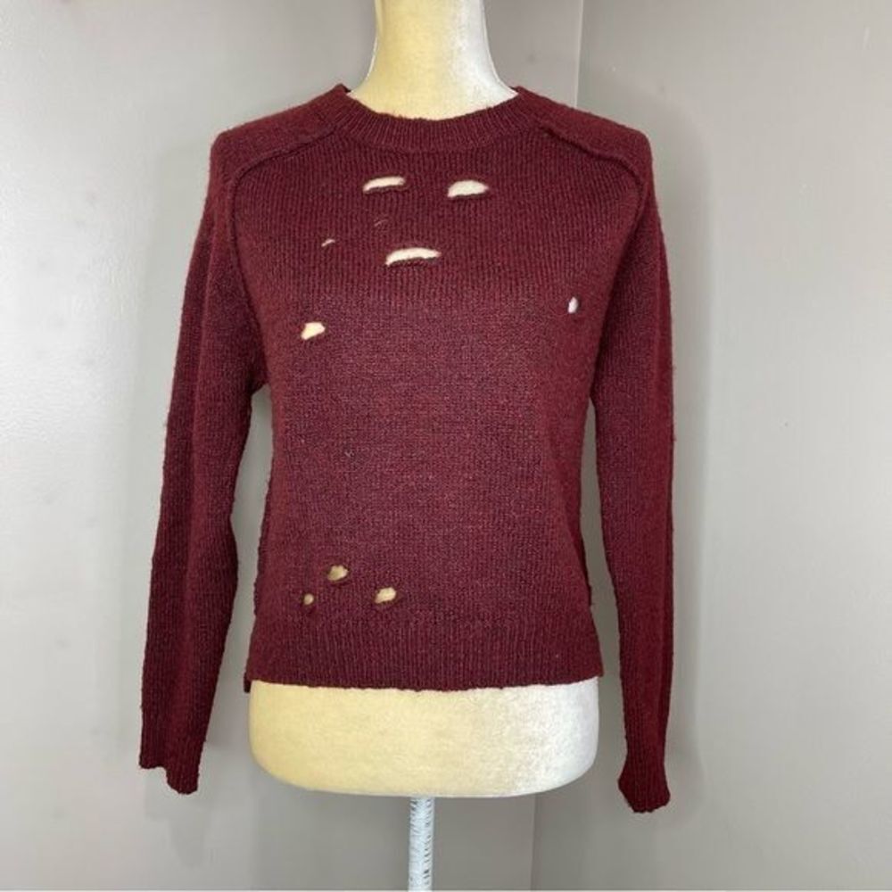 Women Small Knit Sweatshirt Burgundy Distressed Pullover